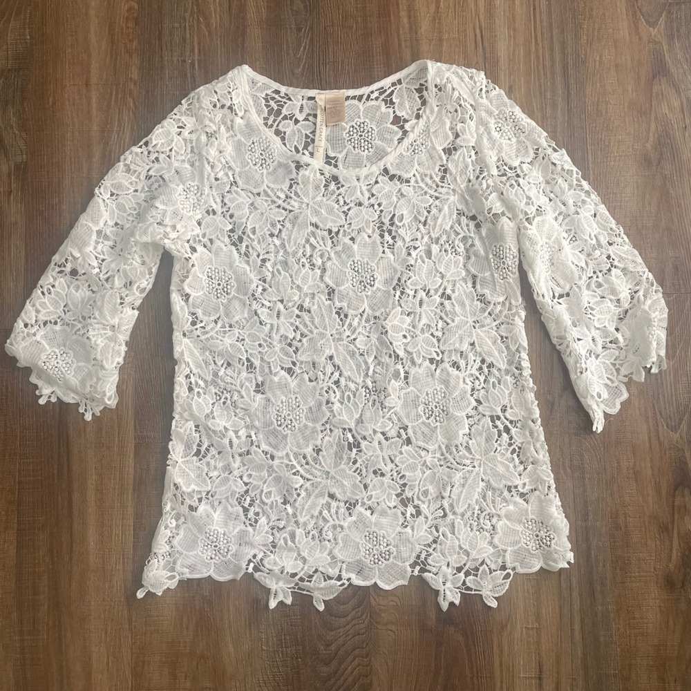 Forgotten Grace White Floral Lace 3/4 Sleeve Scoop Neck Blouse Top Large S003